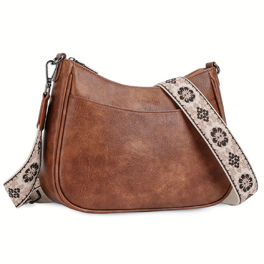 Vintage Embroidered PU Leather Crossbody Bag for Women - Adjustable Strap, Zipper Closure, Polyester Lining, Solid Color, Trendy Shoulder Handbag for Daily Use