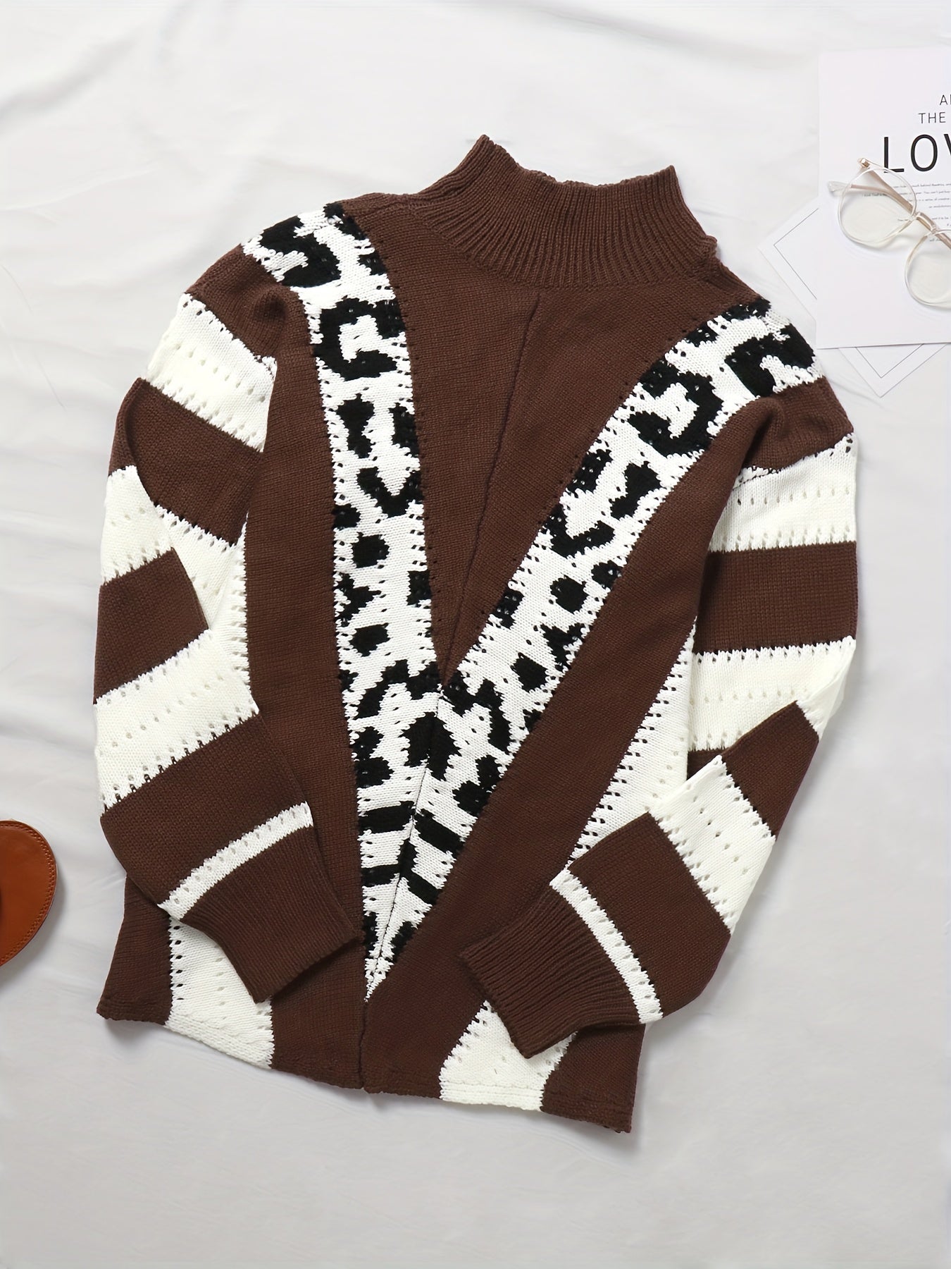 Color Block & Leopard Pattern Sweater, Casual Pointelle Knit Cut Out Sweater For Fall & Winter, Women's Clothing