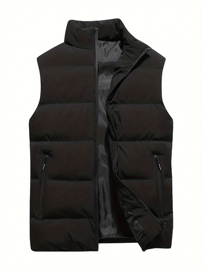 dunnmall  Warm Winter Vest, Men's Casual Zipper Pockets Stand Collar Zip Up Cotton Padded Vest For Fall Winter