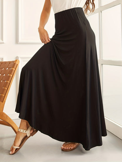 Plus Size Elegant Skirt, Women's Plus Solid High Rise Medium Stretch Flowy Maxi Skirt