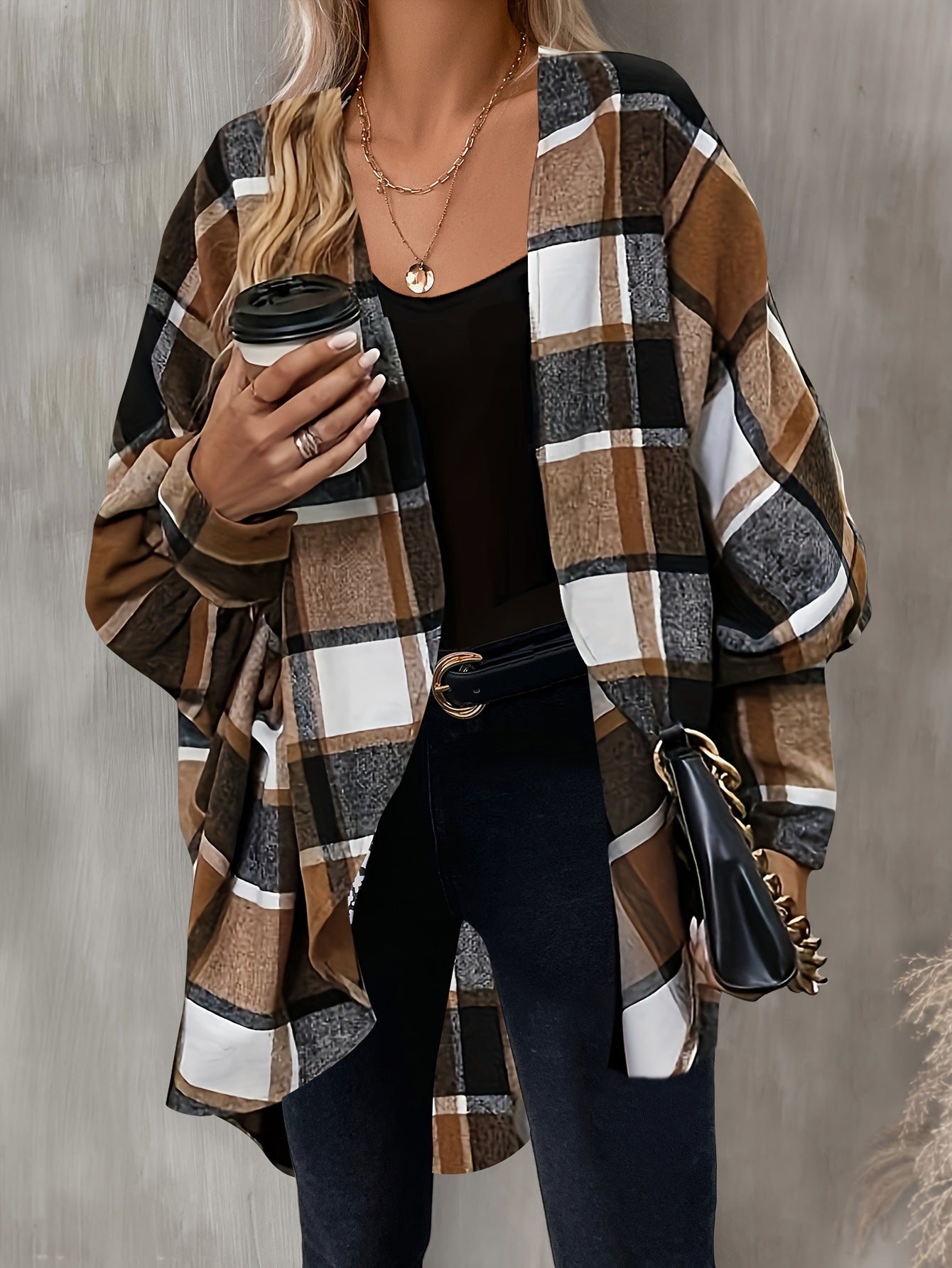 dunnmall  Plaid Print Open Front Cardigan, Batwing Cuff Sleeve Dipped Hem Cardigan For Spring & Fall, Women's Clothing