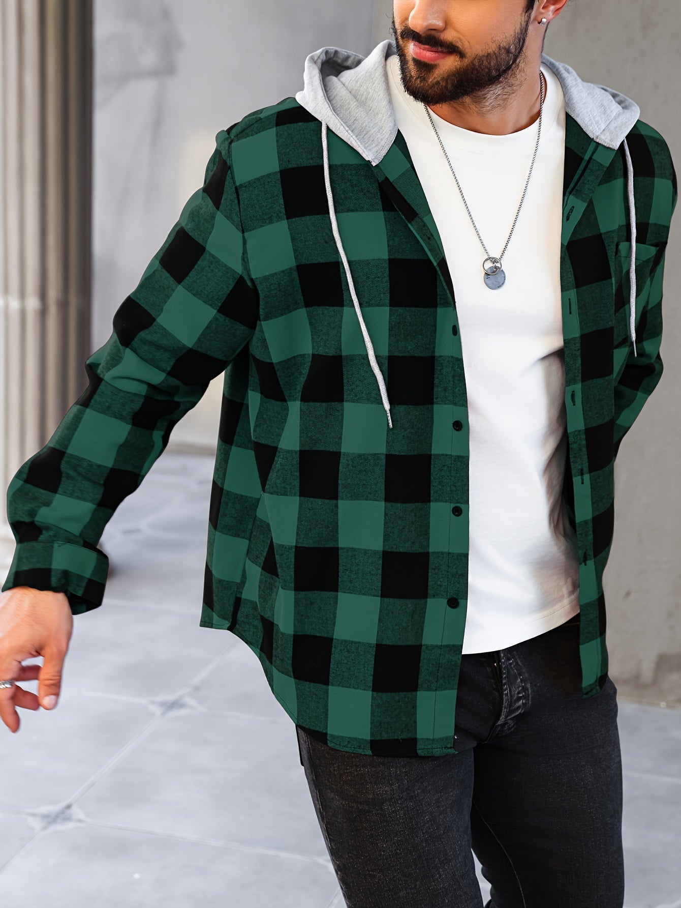 Men's Plus Size Plaid Hooded Jacket - Casual Button-Up Shirt with Pockets, Machine Washable, PLUS SIZE