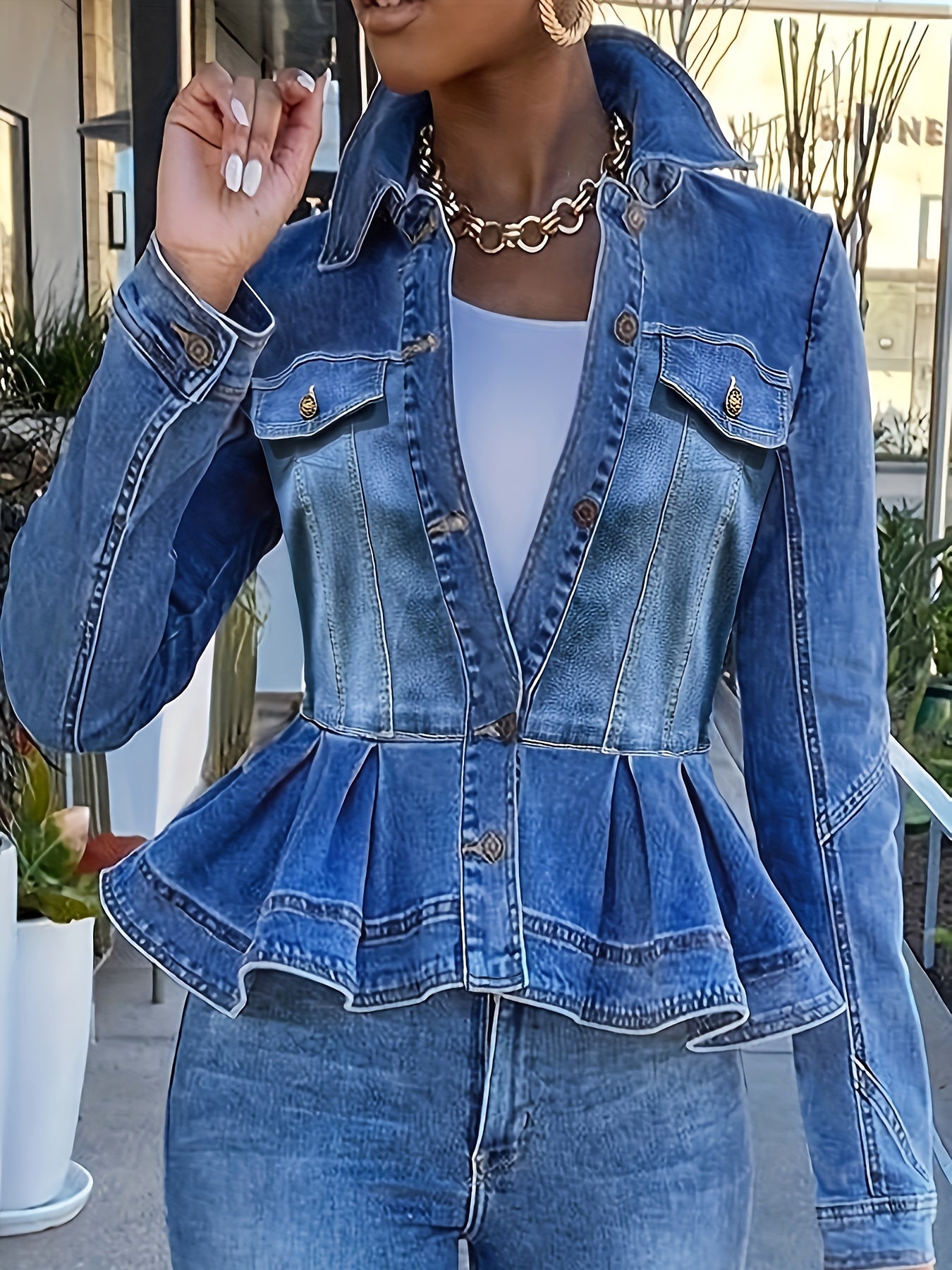 dunnmall Plus Size Elegant Denim Jacket, Women's Plus Washed Long Sleeve Turn Down Collar Ruffle Trim Denim Jacket