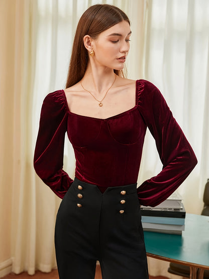 xieyinshe Solid Velvet Slim Top, Vintage Lantern Sleeve Top For Spring & Fall, Women's Clothing