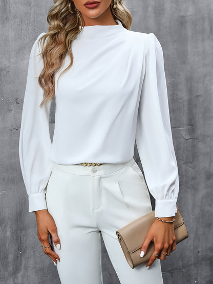 Ruched Solid Blouse, Elegant Long Sleeve Work Office Blouse, Women's Clothing