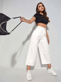 dunnmall  Plain Whiter Wide Leg Cropped Jeans, High Rise Stretchy Loose Fit Denim Pants, Women's Denim Jeans & Clothing