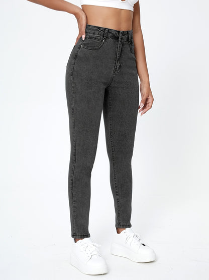 Plain High-Stretch Skinny Jeans, Slim Fit Slash Pockets Casual Denim Pants, Women's Denim Jeans & Clothing