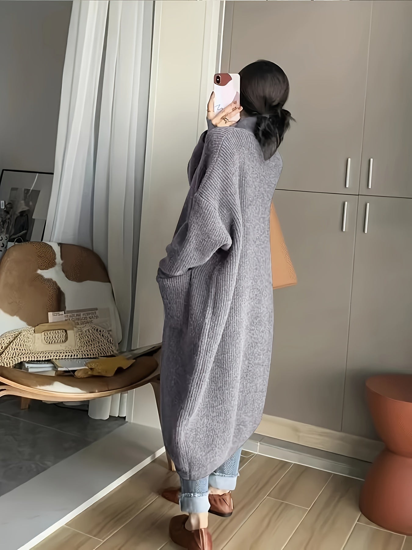 dunnmall  Solid Button Front Turtle Neck Cardigan, Casual Long Sleeve Pocket Oversized Sweater Overcoat, Women's Clothing