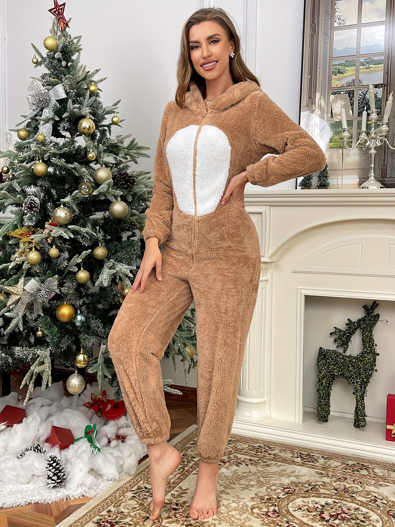 Women's Christmas Reindeer Onesie Pajamas, Flannel Plush Warm Sleepwear with Hood, Elegant Animal Print, All-Season, Adult Size, Knit Fabric