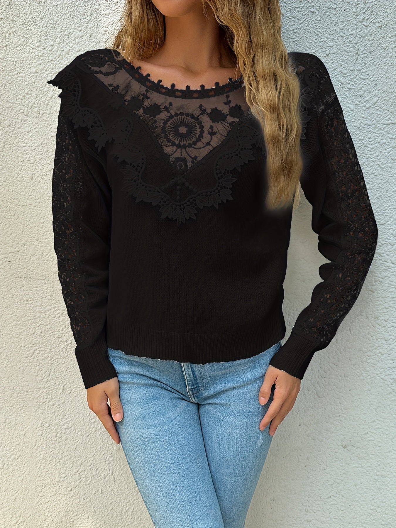 Solid Lace Stitching Knit Top, Elegant Crew Neck Sweater For Spring & Fall, Women's Clothing