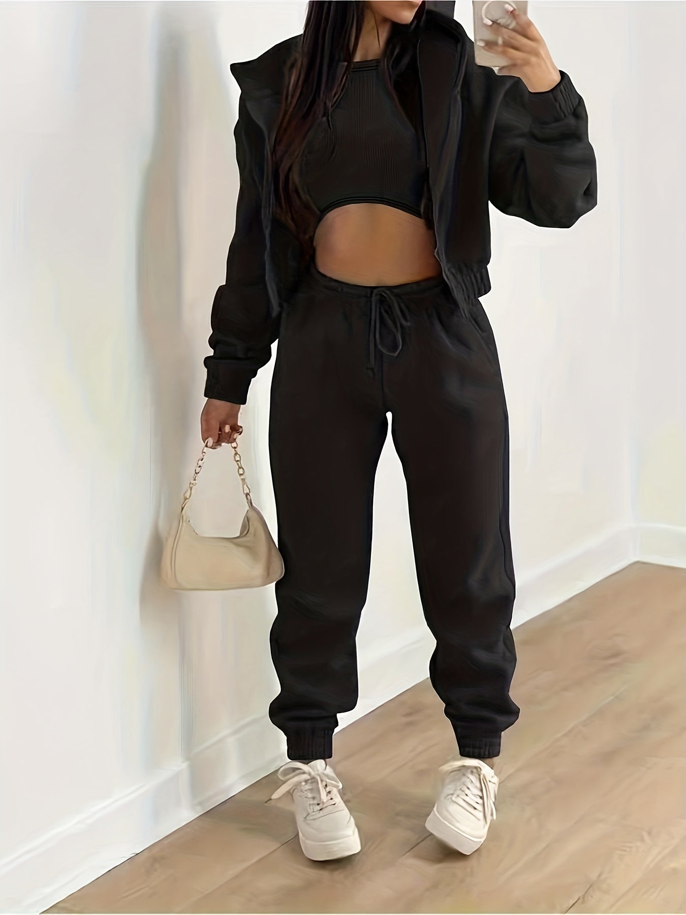 Solid Casual Three-piece Set, Zip Up Hooded Jacket & Sleeveless Crew Neck Tank Top & Drawstring Elastic Waist Jogger Pants Outfits, Women's Clothing