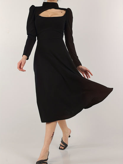 dunnmall  Cut Out Mock Neck Dress, Sexy Long Sleeve Solid Midi Dress, Women's Clothing