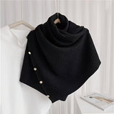 dunnmall Solid Color Metal Buckle Knitted Shawl, Elegant Thick Warm Elastic Scarf, Autumn Winter Coldproof Windproof Cloak