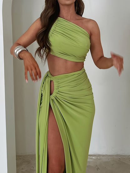 Vacation Style Solid Two-piece Skirt Set, Slant Shoulder Ruched Crop Top & High Split Ring Decor Skirt Outfits, Women's Clothing