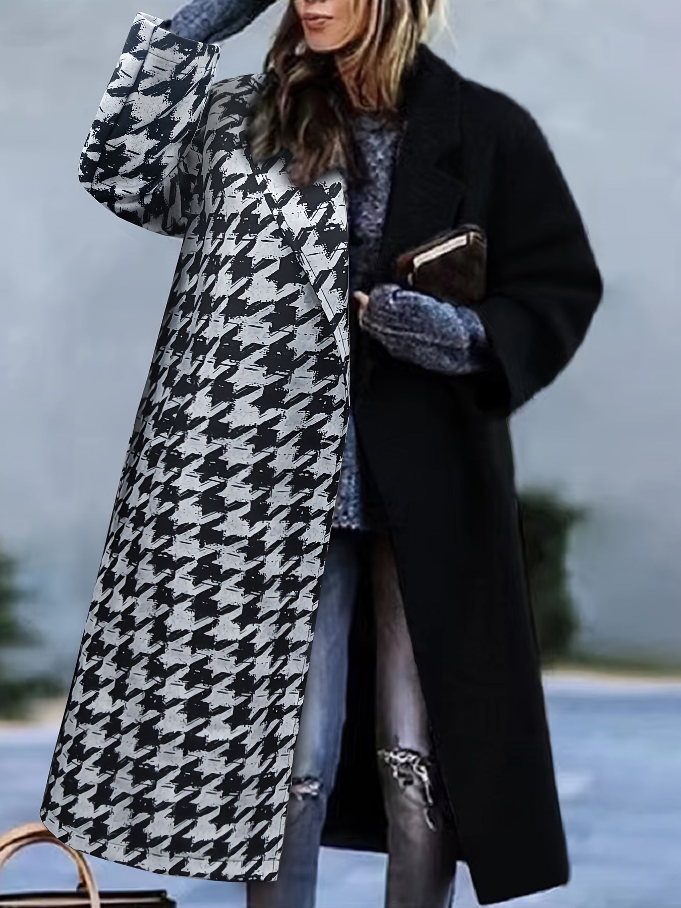 Plus Size Casual Coat, Women's Plus Colorblock Houndstooth Print Long Sleeve Lapel Collar Longline Overcoat