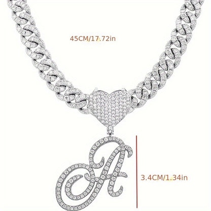 1 Piece Initial Necklace Men Women Silvery Cuban Chain Ice Rhinestone With Heart Shaped Letter Pendant Necklace Hip Hop Jewelry Gift