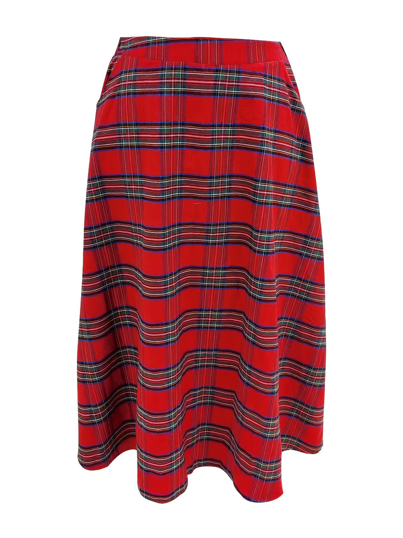 dunnmall  Plus Size Preppy Skirt, Women's Plus Plaid Print Elastic Waisted A-line Swing Skirt With Pockets