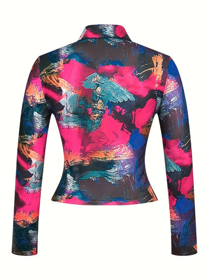 dunnmall All Over Print Collared T-Shirt, Casual Long Sleeve Top For Spring & Fall, Women's Clothing