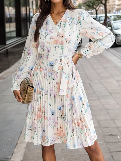 Floral Print Pleated Dress, Elegant V Neck Long Sleeve Dress, Women's Clothing