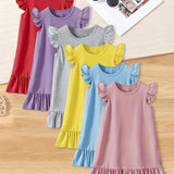 6pcs Set - Adorable Girls Ruffle Hem Dresses - Soft & Comfy, Solid Color Casual Styles for Ages 1-8 - Perfect Little Girl Wardrobe Essentials