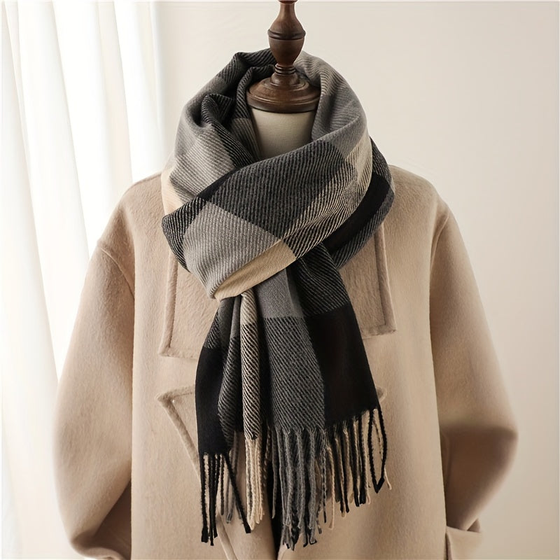 Thick Soft Plaid Tassel Scarf - Warm, Versatile, and Stylish Neck Accessory for Autumn and Winter - Polyester Made, Preppy Style, Weekend Casual Wear, Inelastic, and Feather-Free