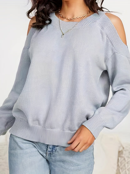 dunnmall  Solid Cold Shoulder Pullover Sweater, Casual Crew Neck Long Sleeve Sweater For Spring & Fall, Women's Clothing