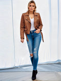 dunnmall  Solid Leather Biker Jacket, Streetwear Long Sleeve Zipper Outerwear, Women's Clothing