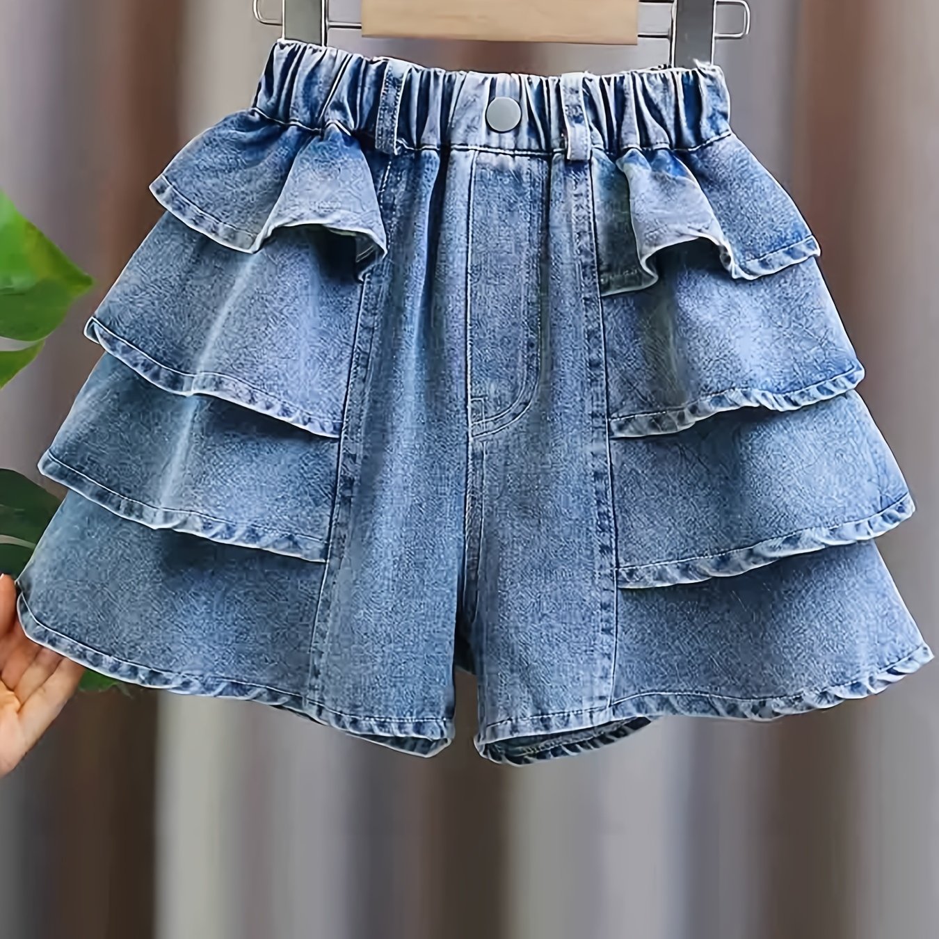 dunnmall  100% Cotton Girls Comfy Ruffle Trim Denim Skort Shorts For Summer Party