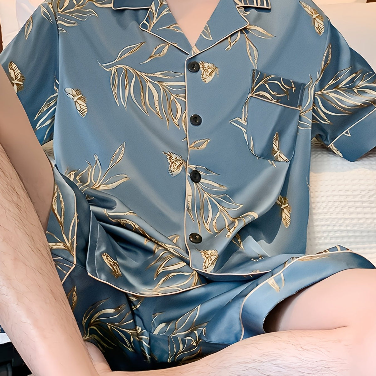 Men's Ice Silk Cool Pajamas Set For Summer, Thin Short Sleeve Leaves Flower Animal Print Graphic Button Pocket Shirt Top & Shorts Pants Bottom, Casual Fashion Cardigan Men's Loungewear Sleepwear Homewear Set