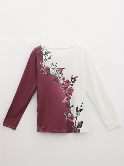 Floral Print Color Block T-shirt, Casual Asymmetrical Neck Long Sleeve T-shirt, Women's Clothing