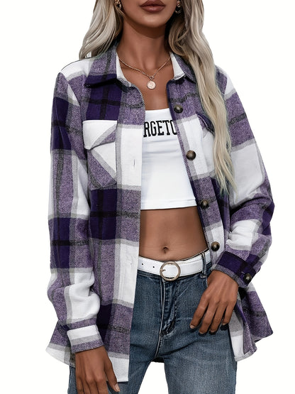 dunnmall  Plaid Button Front Jacket, Casual Lapel Long Sleeve Outwear, Women's Clothing