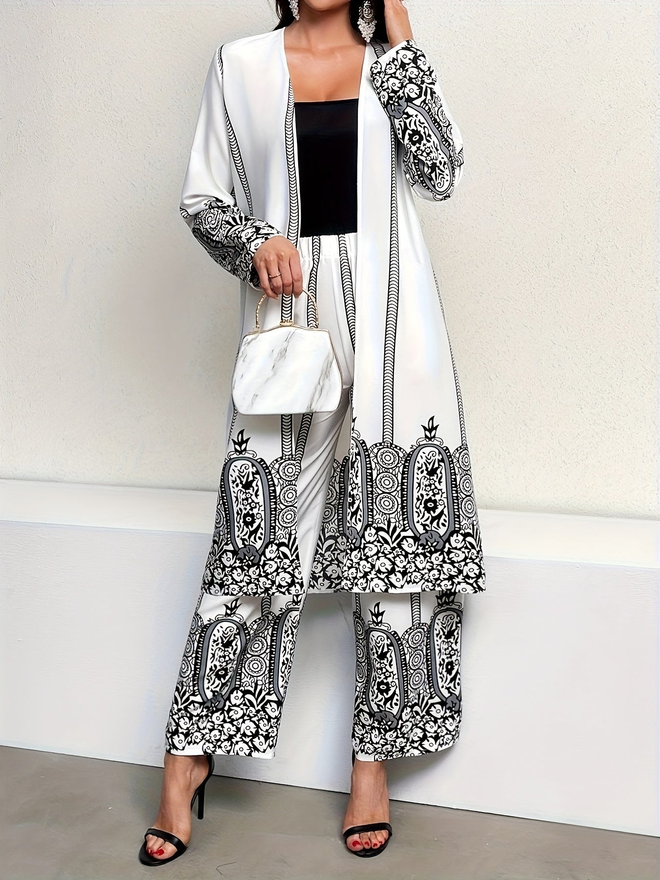 Tribal Print Matching Two-piece Set, Casual Open Front Long Sleeve Top & Wide Leg Pants Outfits, Women's Clothing