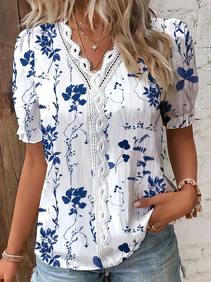 dunnmall  Floral Print Contrast Lace Blouse, Casual V Neck Short Sleeve Summer Blouse, Women's Clothing