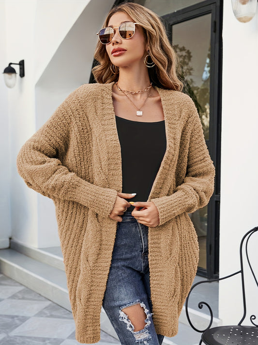 dunnmall  Solid Open Front Cable Knit Cardigan, Casual Long Sleeve Warm Sweater Coat, Women's Clothing