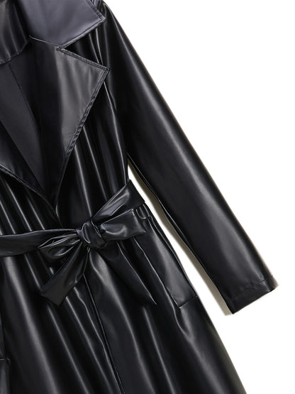 Longline Faux Leather Coat, Elegant Black Lapel Belted Coat For Fall & Winter, Women's Clothing