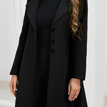 Solid Single Breasted Lapel Overcoat, Versatile Long Sleeve Overcoat, Women's Clothing