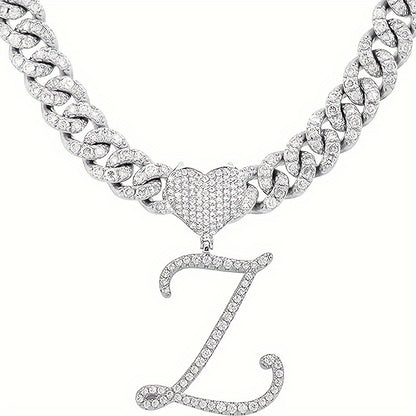 1 Piece Initial Necklace Men Women Silvery Cuban Chain Ice Rhinestone With Heart Shaped Letter Pendant Necklace Hip Hop Jewelry Gift