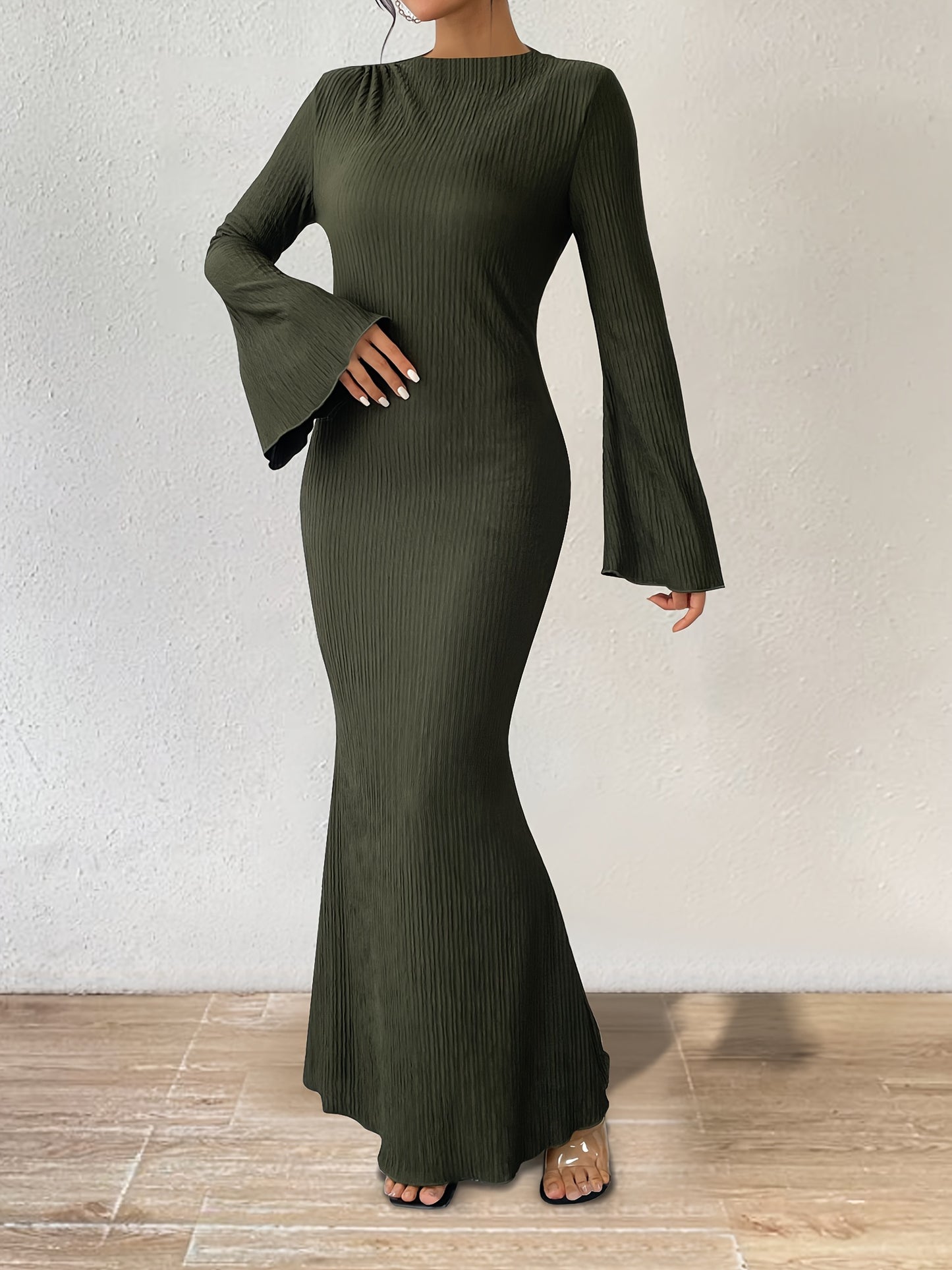 Solid Flared Sleeve Maxi Dress, Elegant Crew Neck Bodycon Dress, Women's Clothing