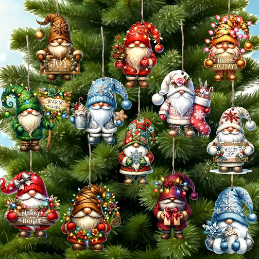 12 PCS Handcrafted Wooden Christmas Gnome Hanging Ornaments - No Batteries Required, Perfect Gift for the Holiday Season