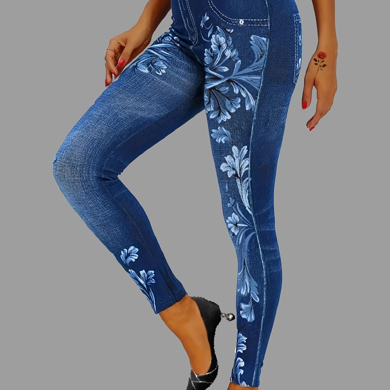 dunnmall  Floral & Denim Print Leggings, Skinny Casual Leggings, Women's Clothing