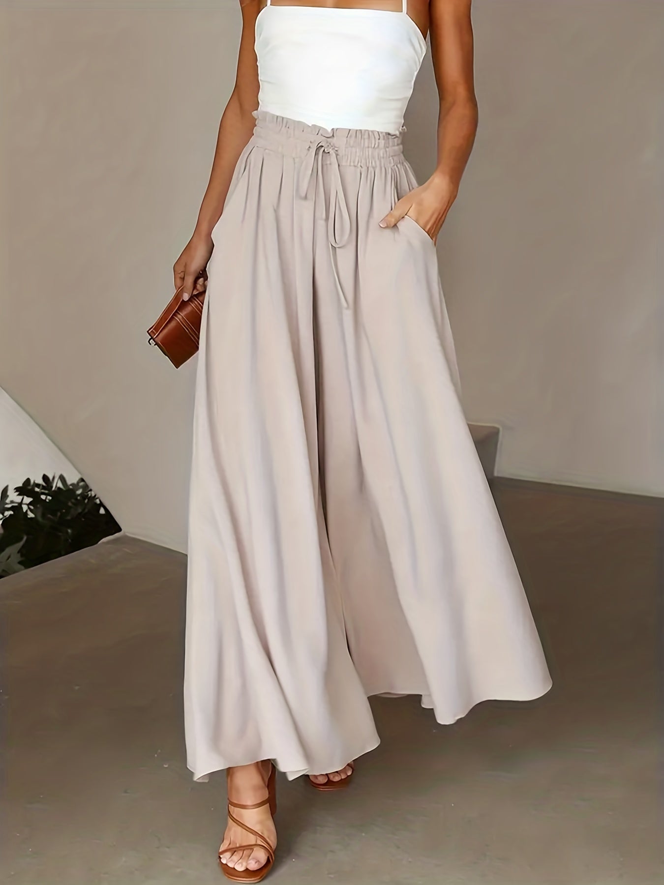 Solid Drawstring Culottes, Casual Wide Leg Summer Pants With Pockets, Women's Clothing