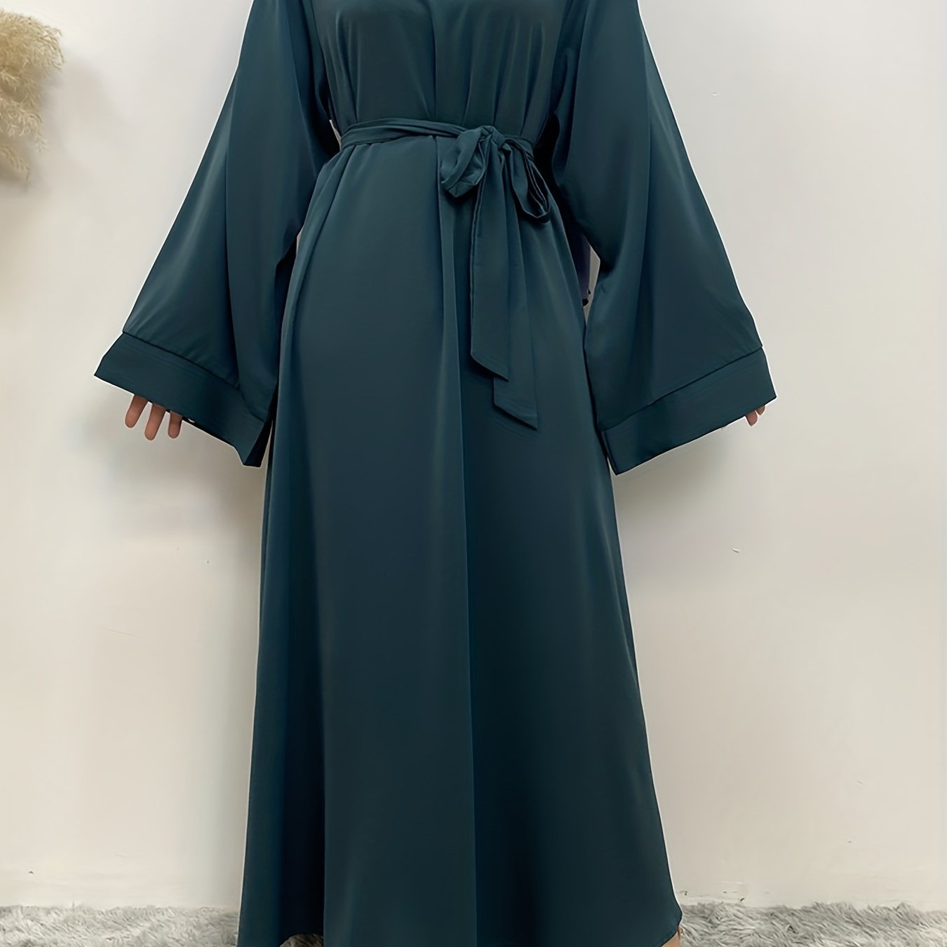 Solid Long Sleeve Tie Waist Crew Neck Dress, Elegant Ruffled Hem Maxi Dress, Women's Clothing