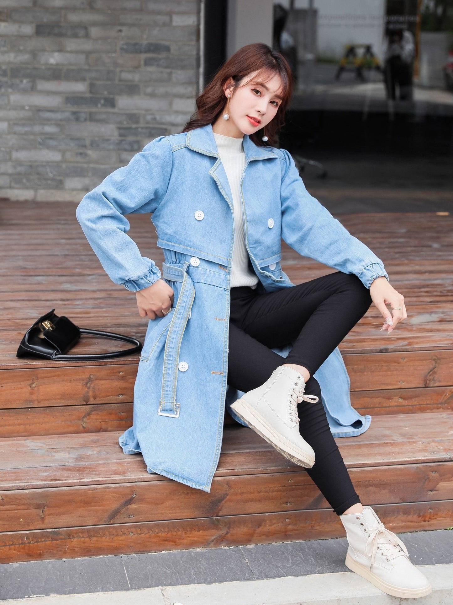 dunnmall  Blue Loose Fit Long Denim Jackets, Long Sleeves Non-Stretch With Waistband Lapel Denim Coats, Women's Denim Clothing