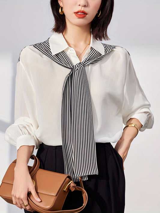 xieyinshe Tie Front Splicing Shirt, Elegant Long Sleeve Button Front Shirt, Women's Clothing