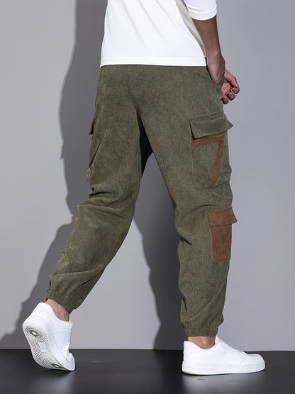 Trendy Corduroy Cargo Drawstring Pants, Men's Multi Flap Pocket Trousers, Loose Casual Outdoor Pants, Men's Work Pants Outdoors Streetwear Hip Hop Style