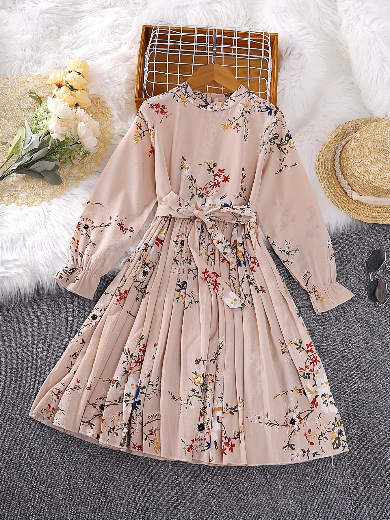 dunnmall  Girl's Floral Allover Flounce Long Sleeve Pleated Hem Mock Neck Belted Dress For Summer