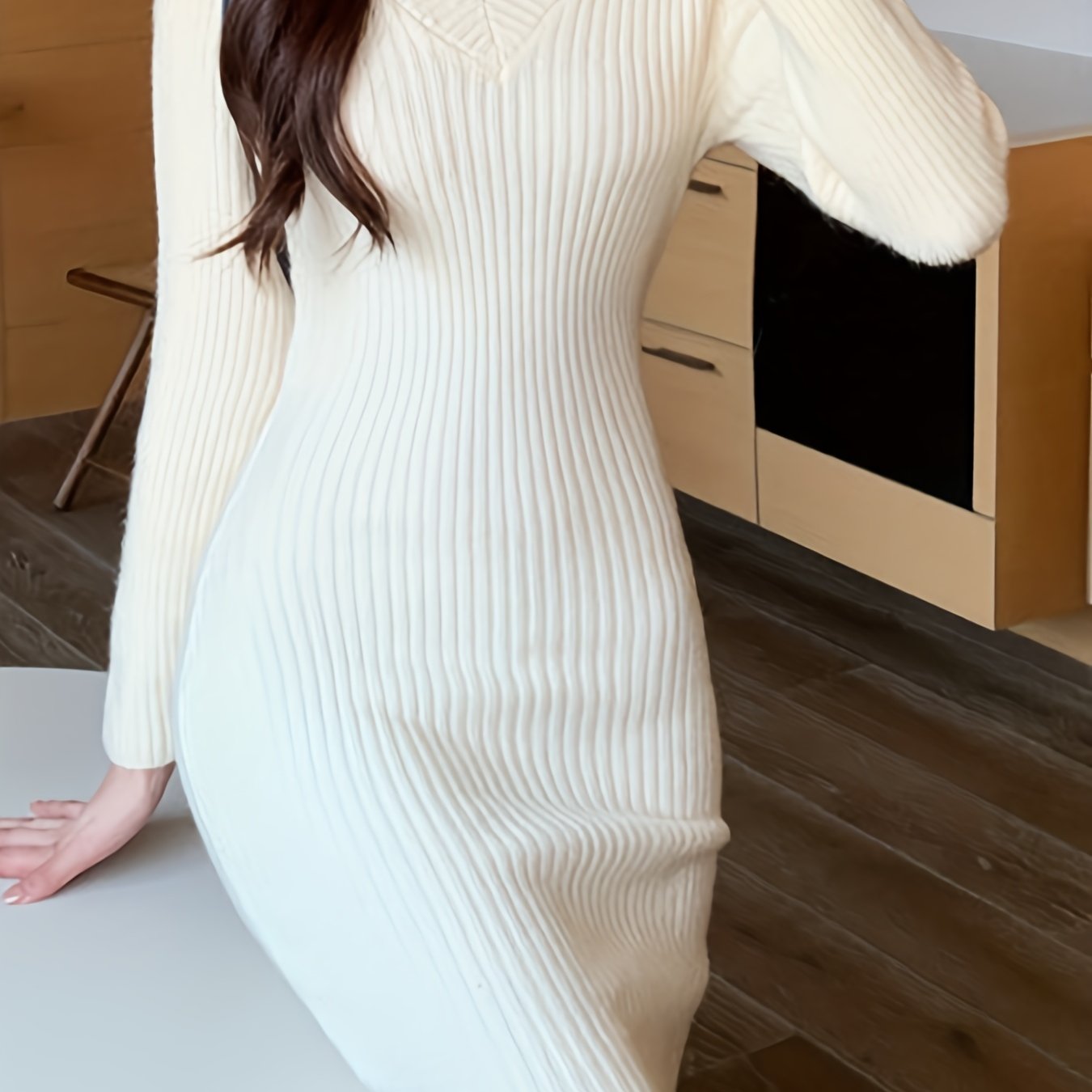 Solid Knit Sweater Dress, Elegant V Neck Long Sleeve Bodycon Dress For Fall & Winter, Women's Clothing