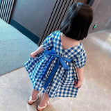 Girls Dresses Summer Infant Girls Dress 17Y Korean Style born Baby Girls Blue Princess Dress Child Party Plaid Dresses Kid for Clothes 230506