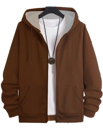 Men's Plus Size Casual Hoodie Jacket - Solid Color, Zip-Up with Pockets, Polyester Blend, Machine Washable - Perfect for Spring, Fall & Winter, PLUS SIZE