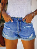 Women's Chic Distressed Denim Shorts – Ripped Roll-Up Hem, Washed Blue, Slash Pockets – Casual Summer Wear & Street Fashion